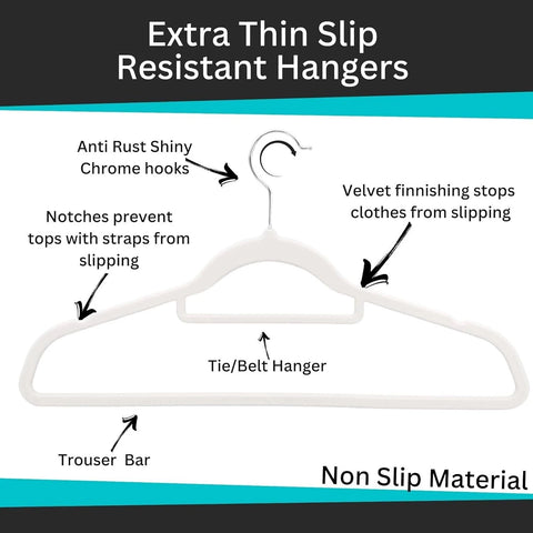 (White) 50 Non Slip Flocked Velvet Hangers
