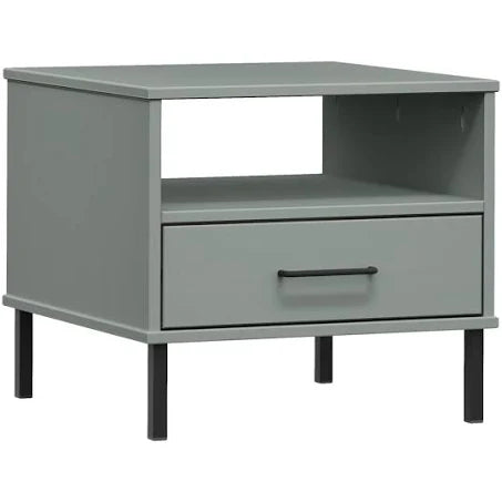 vidaXL Bedside Table with Metal Legs Grey Solid Wood Pine Oslo