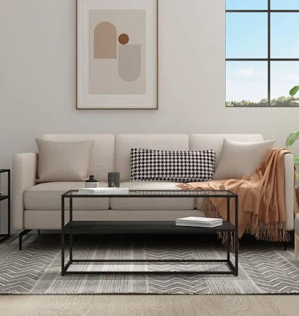 Hallowood Furniture Black Coffee Table Metal Centre Table with Tempered Glass Top ...