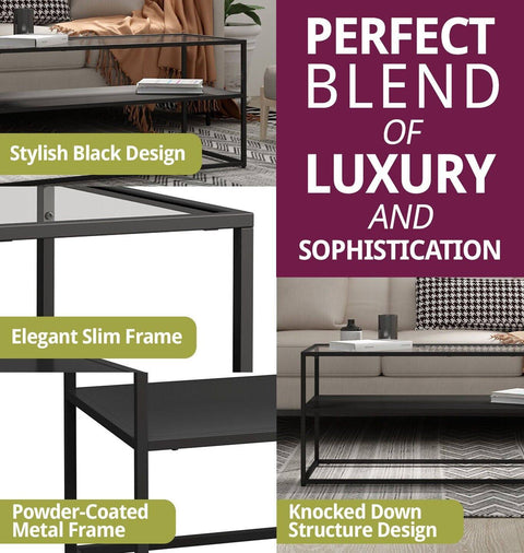 Hallowood Furniture Black Coffee Table Metal Centre Table with Tempered Glass Top ...