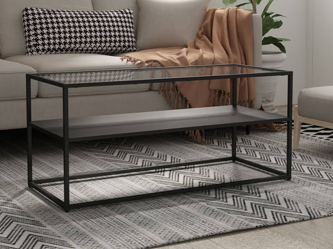 Hallowood Furniture Black Coffee Table Metal Centre Table with Tempered Glass Top ...