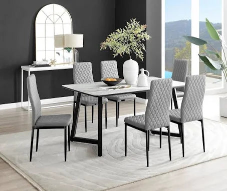 Furniture Box Carson White Marble Effect Dining Table and 6 Grey Milan Black Leg ...