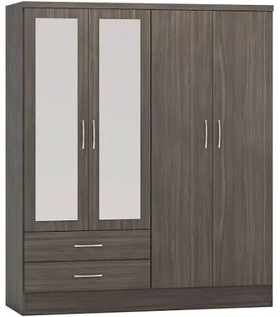 Seconique Nevada 4 Door 2 Drawer Mirrored Wardrobe Black Wood Grain