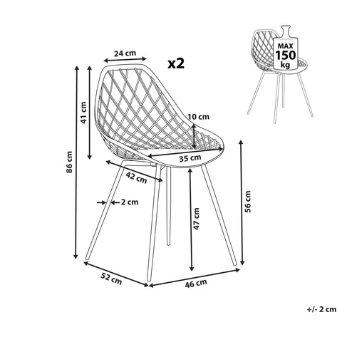 Beliani Set of 2 Dining Chairs Black Synthetic Seat Black Metal Legs Net Design ...