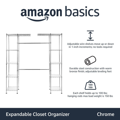 Amazon Basics Expandable Adjustable Metal Hanging Storage Organizer Rack Wardrobe ...