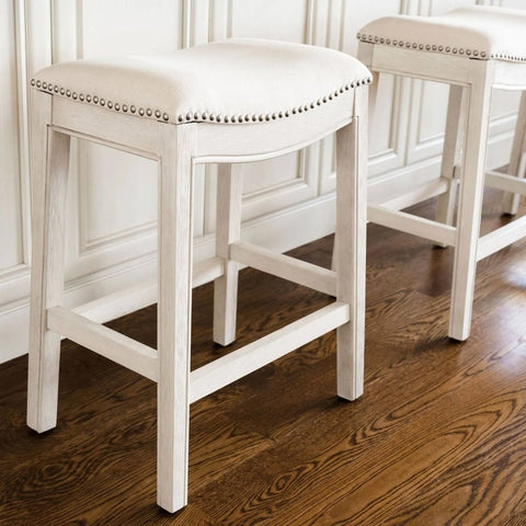Maven Lane Adrien Saddle Bar Stool in White Oak Finish W/ Natural Fabric ...