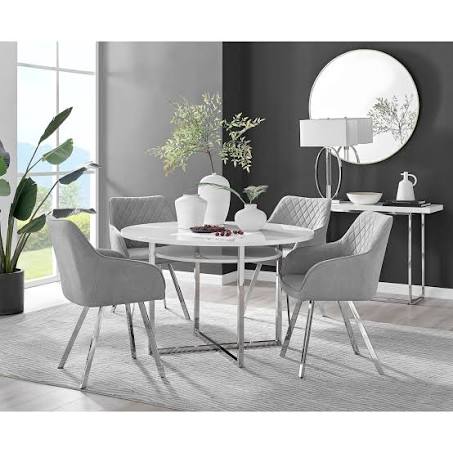 Furniturebox Adley White High Gloss 120cm Storage Dining Table & 4 Light Grey ...