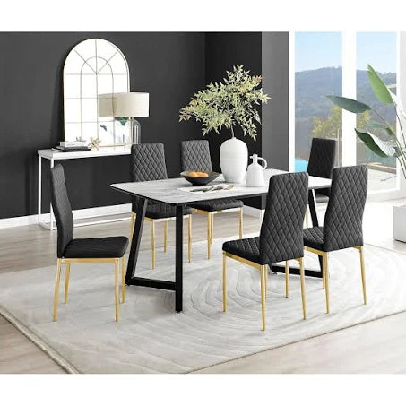Furniture Box Carson White Marble Effect Dining Table and 6 Black Milan Gold Leg ...