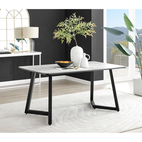 Furniture Box Carson White Marble Effect Dining Table and 6 Black Milan Gold Leg ...