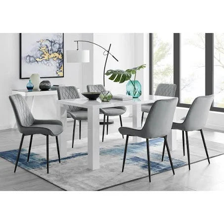 Pivero 6 White Dining Table and 6 Pesaro Black Leg Chairs - Grey