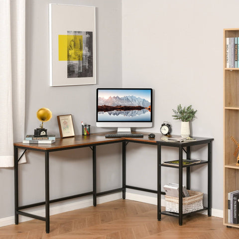 HOMCOM L-Shaped Computer Desk with Adjustable Storage Shelf, Rustic Brown