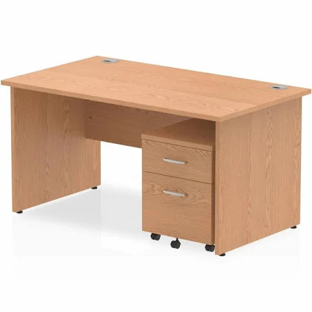 Impulse 1400mm Straight Desk Oak Top Wooden Panel Legs & 2 Drawer Pedestal Ref ...