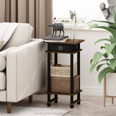 End Table with Bin by Furinno No Tool Assembly Amber Pine Black Living Room