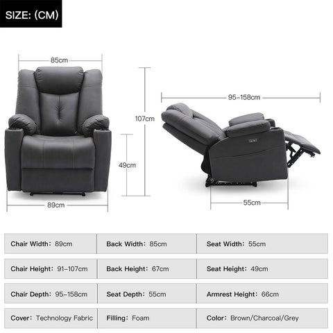 Afton Electric Fabric Recliner Chair - Charcoal