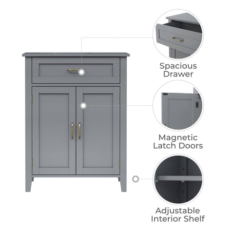 Teamson Home Mercer Wooden Bathroom Floor Storage Cabinet Drawer Grey