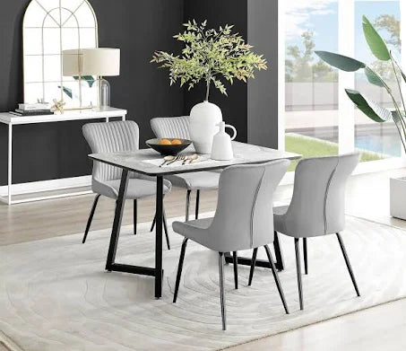 Furniture Box Carson White Marble Effect Dining Table and 4 Light Grey Nora Black ...