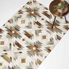 Homescapes Cream & Brown Geometric Leather Rug