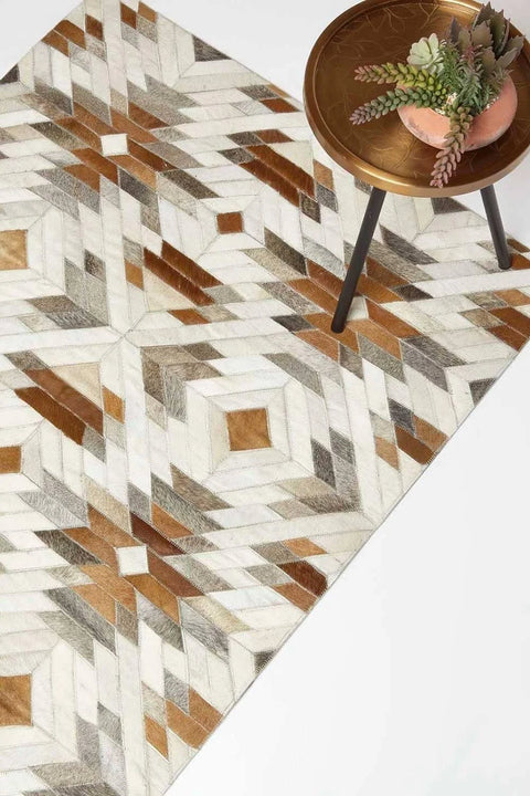 Homescapes Cream & Brown Geometric Leather Rug