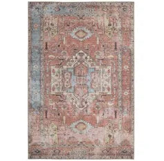 Distressed Terracotta Blue Persian Style Washable Non Slip Rug