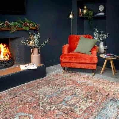 Distressed Terracotta Blue Persian Style Washable Non Slip Rug