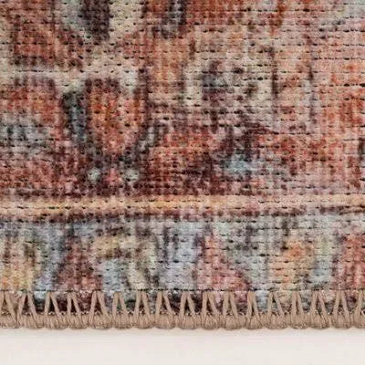Distressed Terracotta Blue Persian Style Washable Non Slip Rug