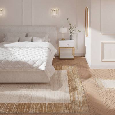 Natural Beige Distressed Bordered Area Rug