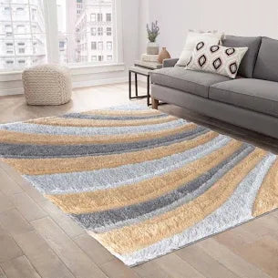 Modern Soft Waves Shimmer Shaggy Area Rugs - Ochre / 80x150 cm Rectangle