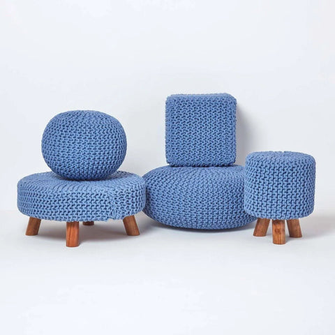 Homescapes Large Round Cotton Knitted Pouffe Footstool
