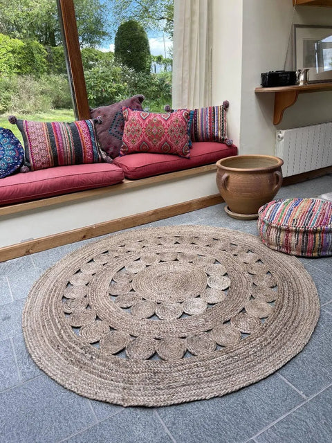 Gherana Circle Rug Jute in Flat Weave Round Design / 150 cm Diameter