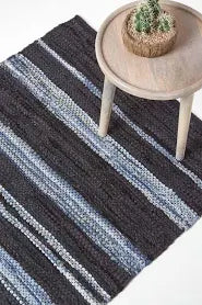 Homescapes Texas Leather & Denim Woven Striped Blue Rug