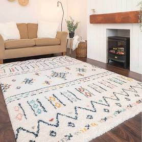 Cream Multicolour Boho Aztec Shaggy Living Area Rug - Multicolour / 150 x 80cm