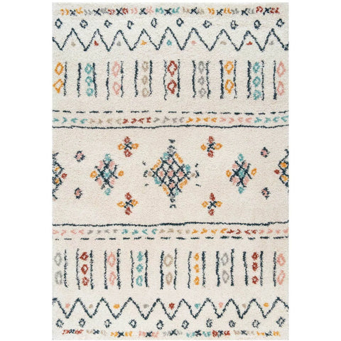 Cream Multicolour Boho Aztec Shaggy Living Area Rug - Multicolour / 150 x 80cm