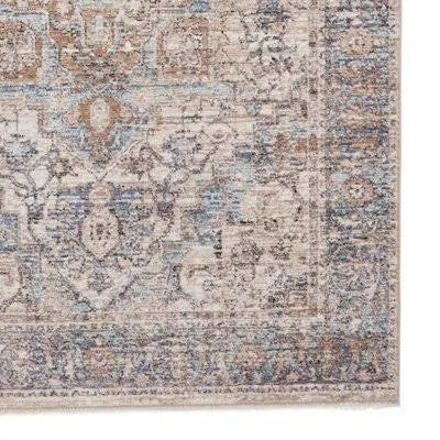 Traditional Abstract Bordered Blue Stain-Resistant Rug
