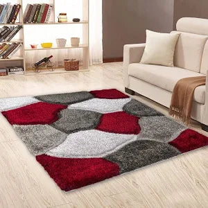 Soft Large Shaggy Rugs Modern 3D Design Carved Fluffy Rugs for Living Room Bedroom Small Floor Mats (Red Grey, 60 x 110 cm)