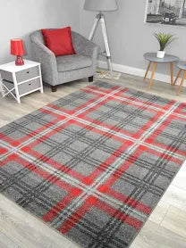 Modern Soft Red Silver Tartan Highland Check Rugs (160cm x 220cm)