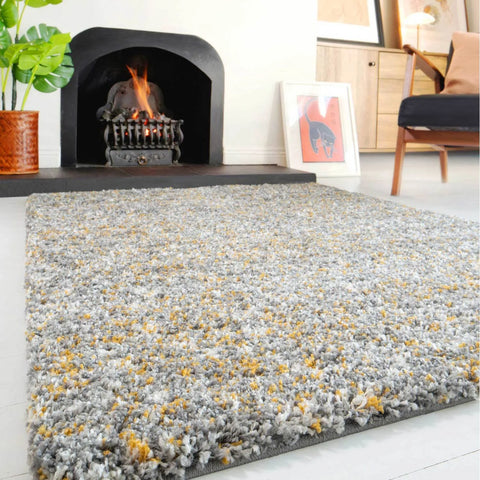 The Rug House Super Soft Ochre Yellow Grey Mottled Shaggy Area Rug