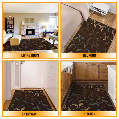 Ottomanson Ottohome Collection Contemporary Leaves Design Rubber Back Area Rug