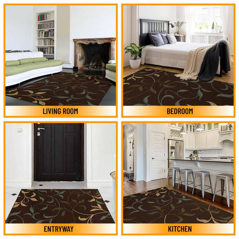 Ottomanson Ottohome Collection Contemporary Leaves Design Rubber Back Area Rug