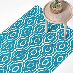Homescapes Riga Handwoven Teal and White 100% Cotton Printed Patterned Rug