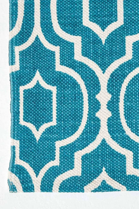 Homescapes Riga Handwoven Teal and White 100% Cotton Printed Patterned Rug