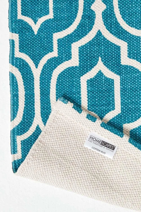 Homescapes Riga Handwoven Teal and White 100% Cotton Printed Patterned Rug