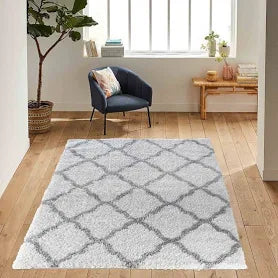Moroccan Berber Shaggy Rugs Living Room Bold Trellis Design - Light Cream / 80x150 cm Rectangle