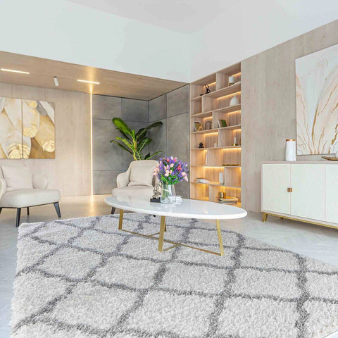 Moroccan Berber Shaggy Rugs Living Room Bold Trellis Design - Light Cream / 80x150 cm Rectangle