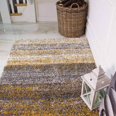Ochre Striped Shaggy Runner Rug