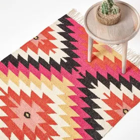 Homescapes Handwoven Geometric Pattern Kilim Wool Rug