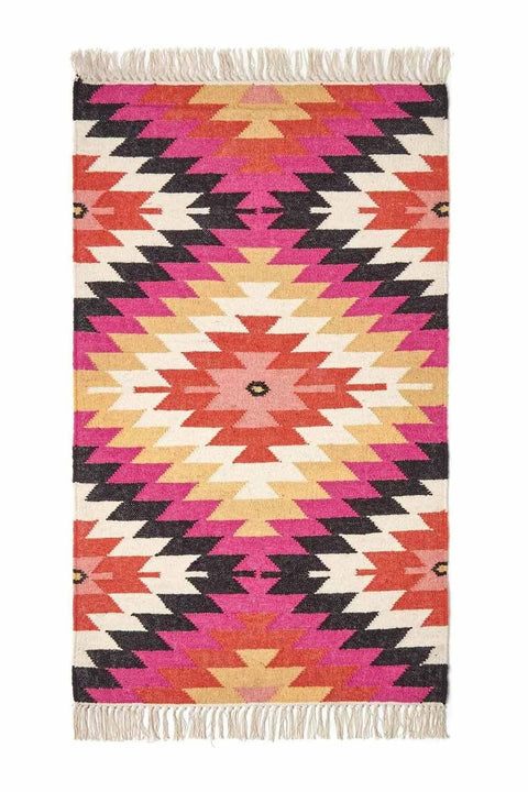 Homescapes Handwoven Geometric Pattern Kilim Wool Rug