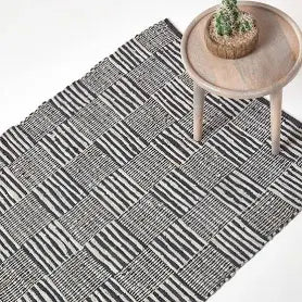 Homescapes Black White Real Leather Handwoven Striped Block Check Rug - Black / 240cm