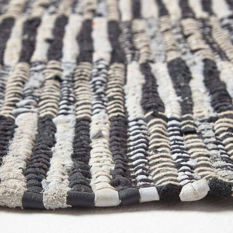 Homescapes Black White Real Leather Handwoven Striped Block Check Rug - Black / 240cm