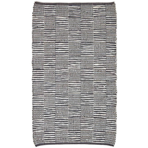 Homescapes Black White Real Leather Handwoven Striped Block Check Rug - Black / 240cm