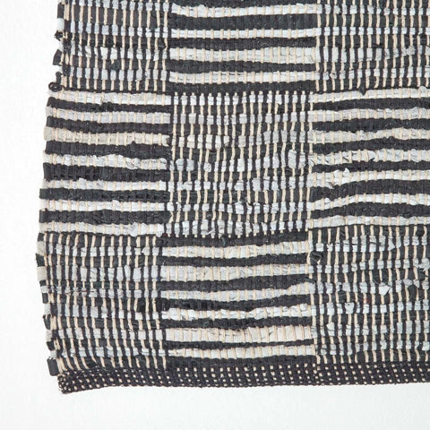 Homescapes Black White Real Leather Handwoven Striped Block Check Rug - Black / 240cm
